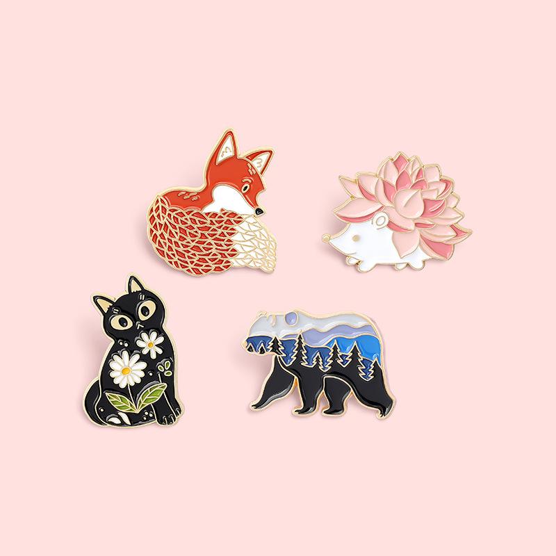 Cute Cartoon Animal Badge Series: Red Fox, Black Cat, Hedgehog Enamel Brooch Accessories