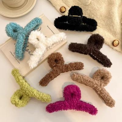 Winter Plush Square Hair Claw Acrylic Korean Elegant Ponytail Hairpin Faux Fur Shark Clip Barrettes Hair Crab Accessories