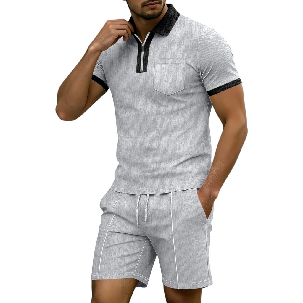 Men's Summer Casual Color-Blocked Shirt With Lapel And Pockets And Half-Zip, Shorts Two-Piece Set