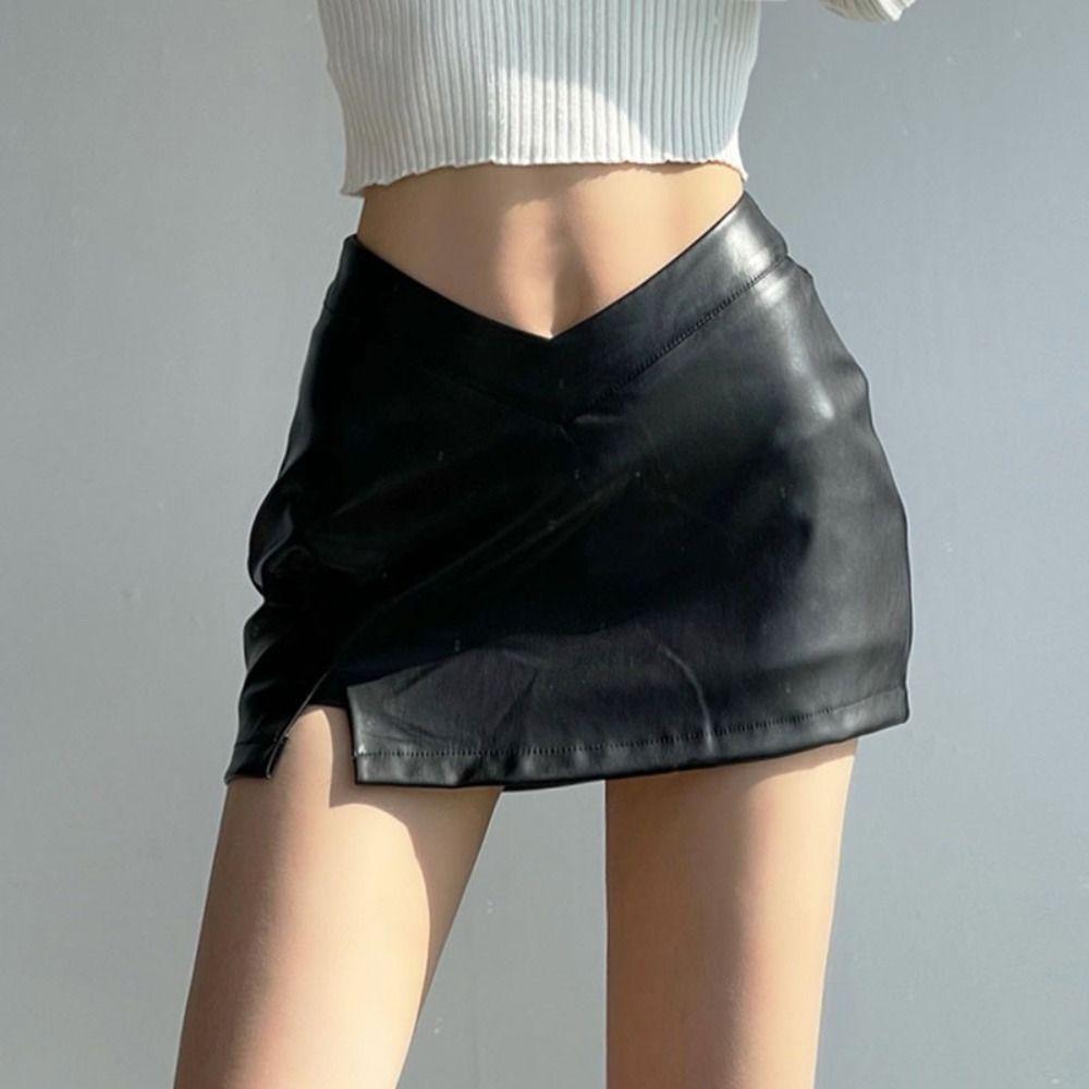 Solid Color Short Mini Skirts Split High Waist A-line Skirt Korean Style PU Leather Skirt  Girls