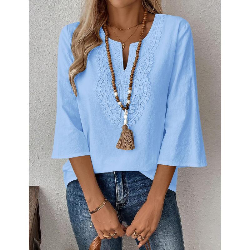 2026 Spring/Summer Bohemian Style Women's Linen Lace Trim V-Neck Three-Quarter Sleeve Casual Blouse