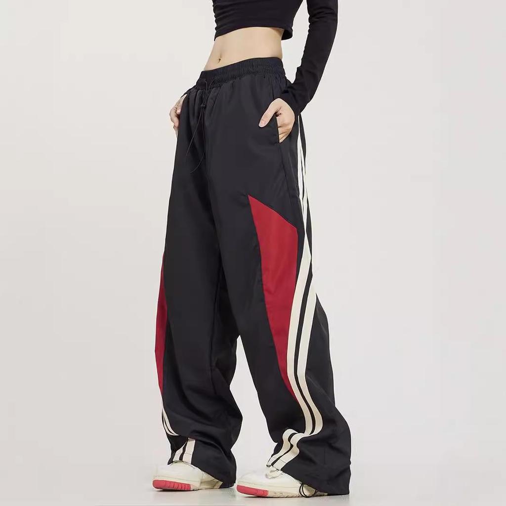 Amerikanische Harajuku Retro Jogginghose - Elastischer Bund Patchwork Hohe Taille Weites Bein