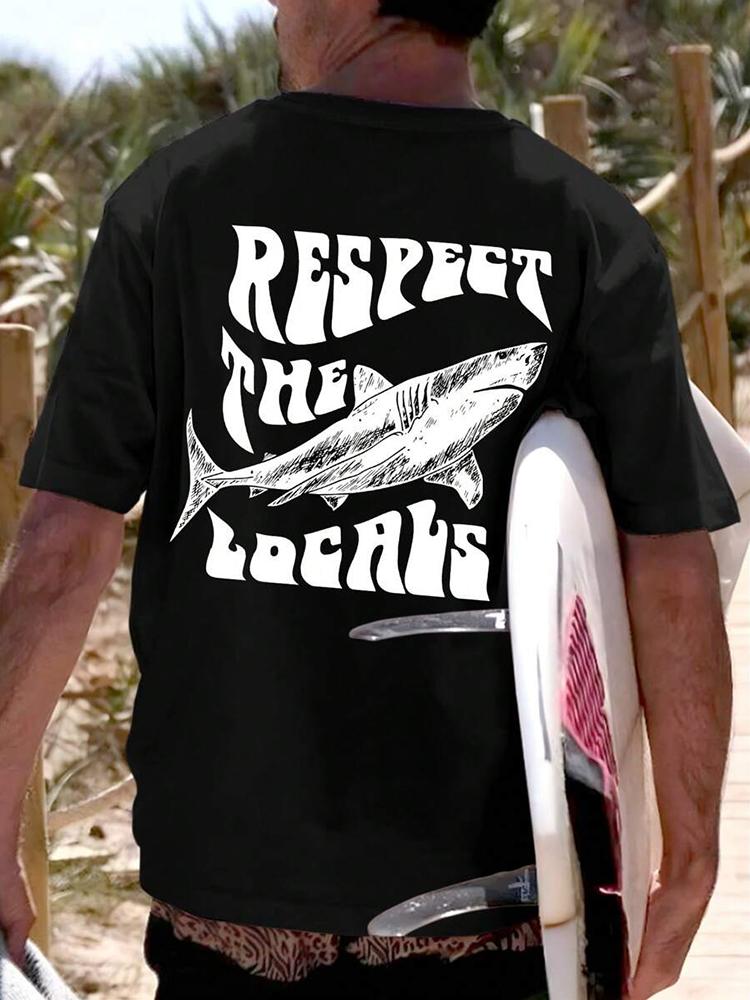 Respect The Locals Shark Print TShirt Unisex Vintage Surfing Short Sleeve Crew Neck Beach Summer Casual Tee