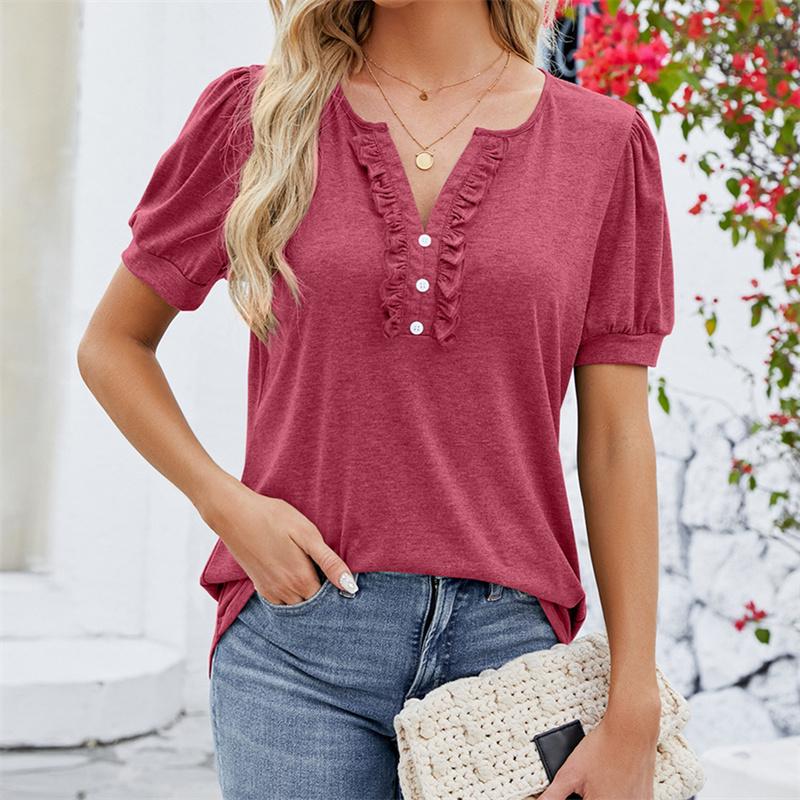 Frühling Sommer T-Shirts Einfarbig Damen Top Mode V-Ausschnitt Knopf Holzohrkante Kurzarm T-Shirt
