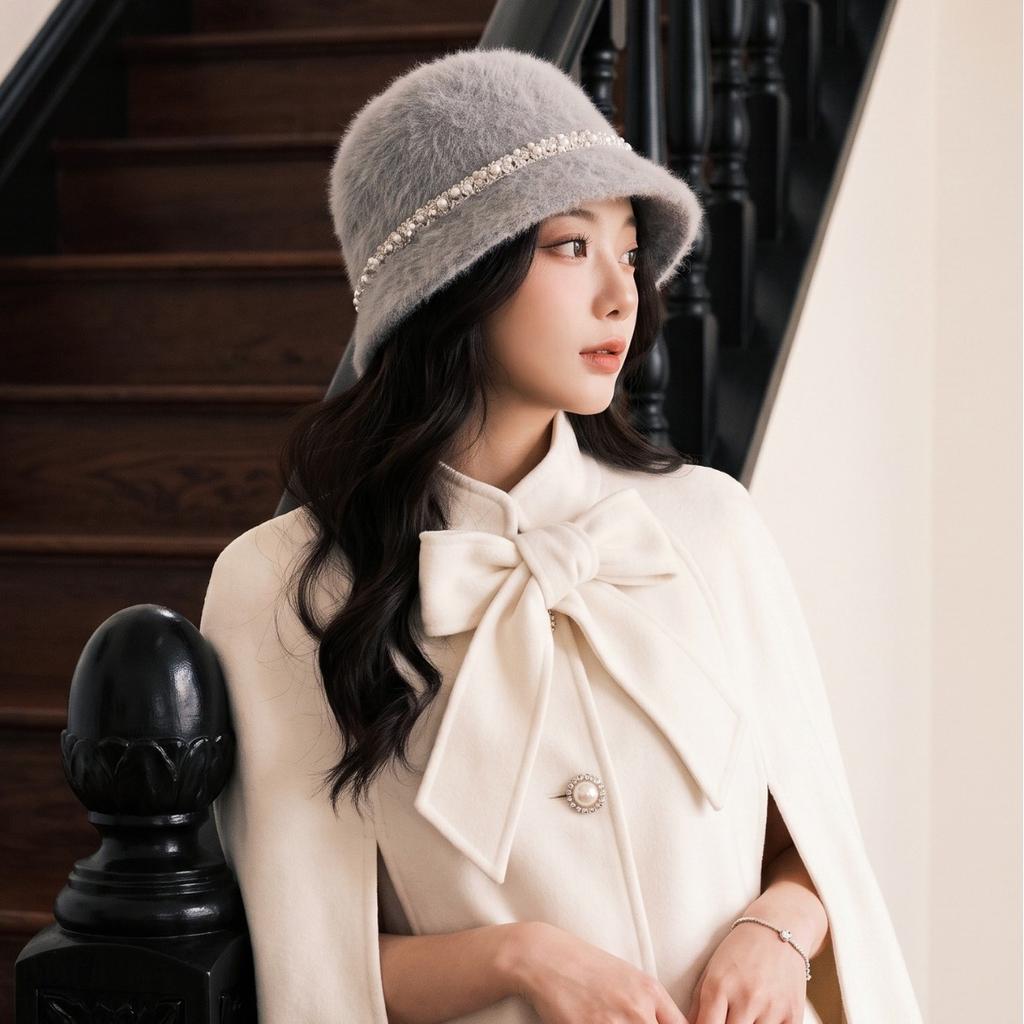 Autumn and winter temperament elegant rabbit fur bucket hat pearl sweet cute plush cold warm ear hat
