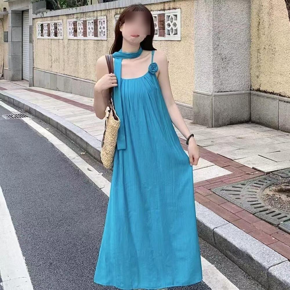 Seaside Beach Dress To Ankle Super Long Holiday Style Tall Loose Pleated Suspender Dress Summer