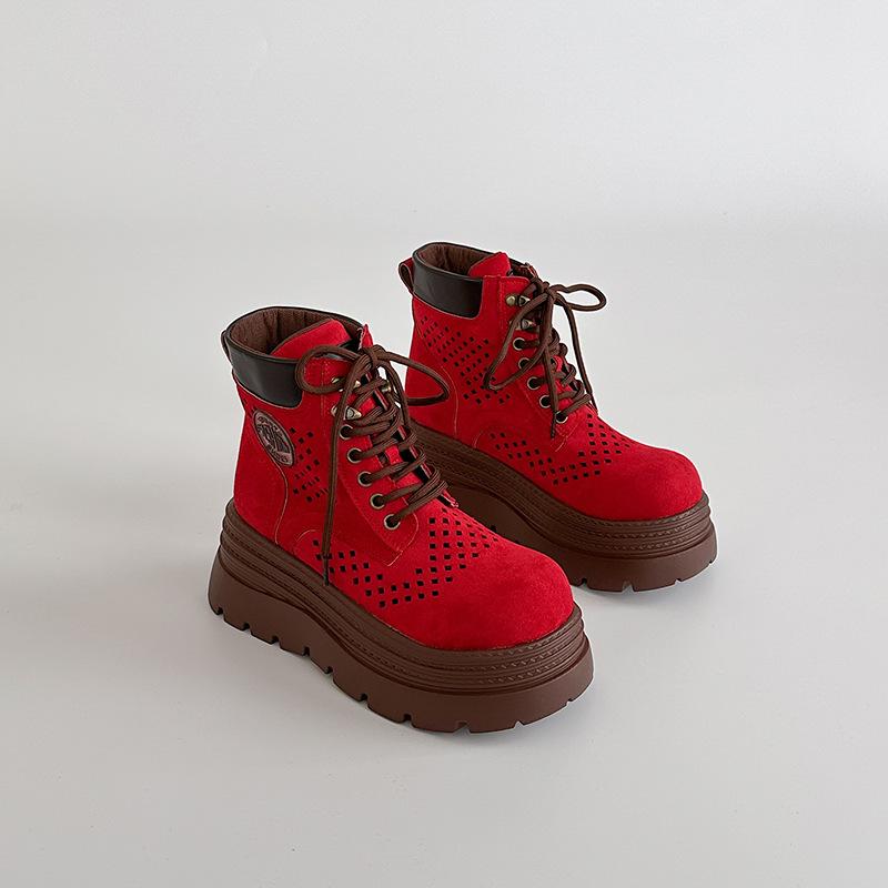 Fashion Hollow Breathable Casual Flat Bottom Martin Boots Autumn Retro Lace-Up Women's Thick Bottom Short Boots Small Boots