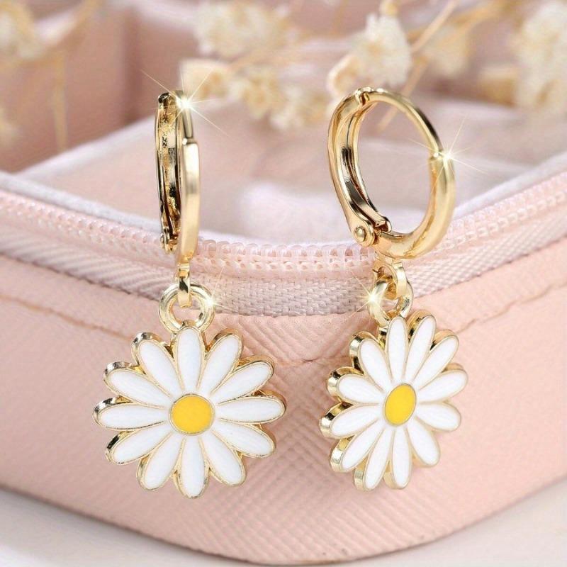 Dainty Gold Color Daisy Sunflower Hoop Earrings for Women Simple Dangling with… More