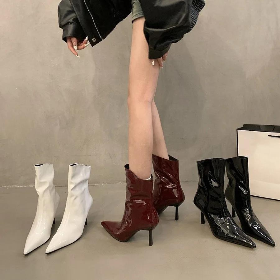Patent Leather High Heel Women Ankle Boots Fashion Pointed Toe Autumn Winter Ladies Elegant Mordern Short Booties 2025