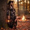 Women's Vintage Rose Print Wrap Dress with Ruched Waist and Lace Trim for Casual Wear