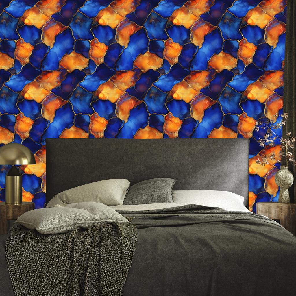 Ink blue, navy blue and orange wallpaper for living room and bedroom 50x1000