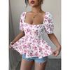 Spring Summer New Arrival Women's Square Neck Smocked Print Short Sleeve Top Fashion Slim Fit Sexy Casual Blouse