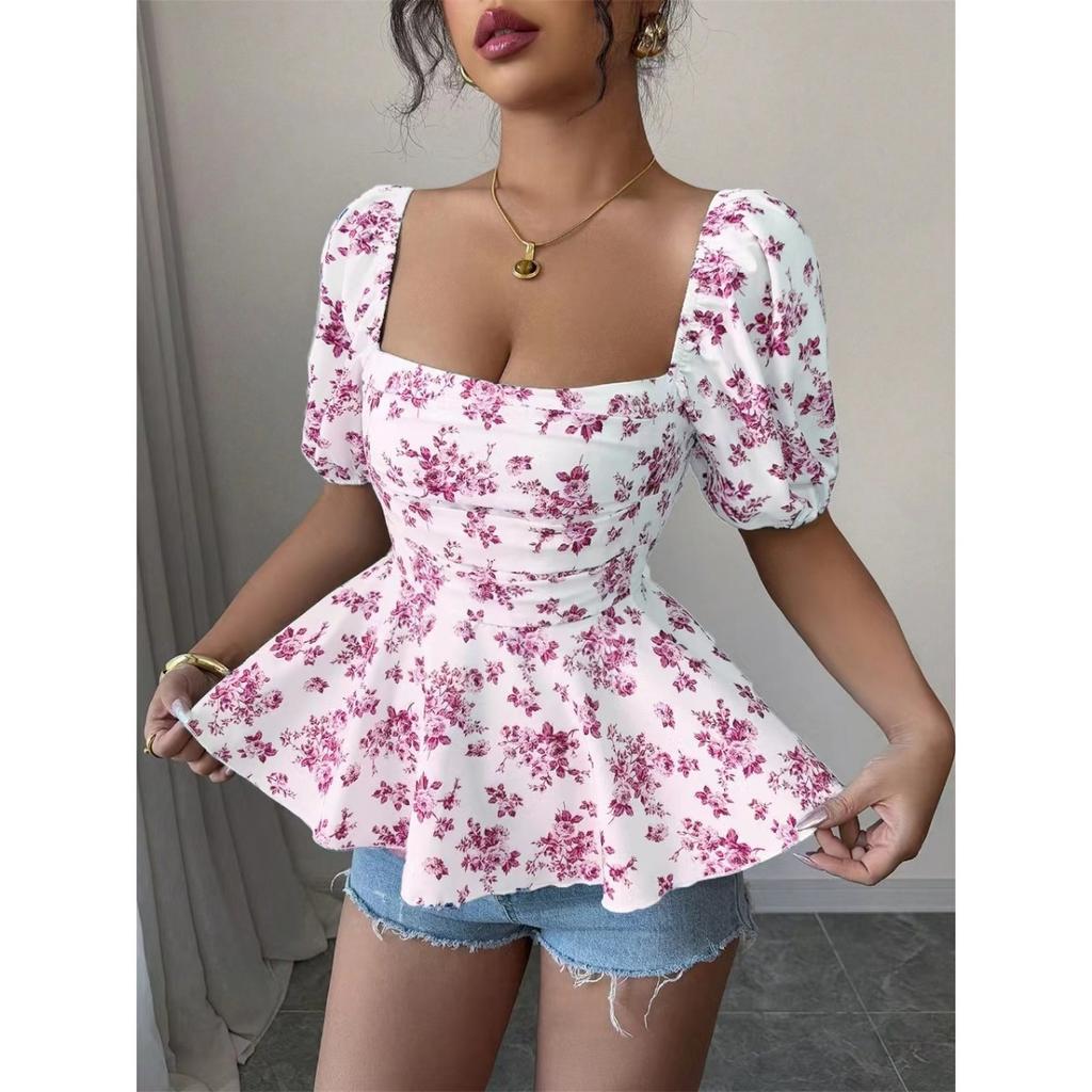 Spring Summer New Arrival Women's Square Neck Smocked Print Short Sleeve Top Fashion Slim Fit Sexy Casual Blouse