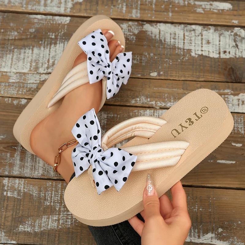 Fashion Polka Dot Bowknot Decor Flip Flops for Women 2025 Summer Lightweight Beach Slippers Woman Fashion Clip Toe Flat Slides Sandals