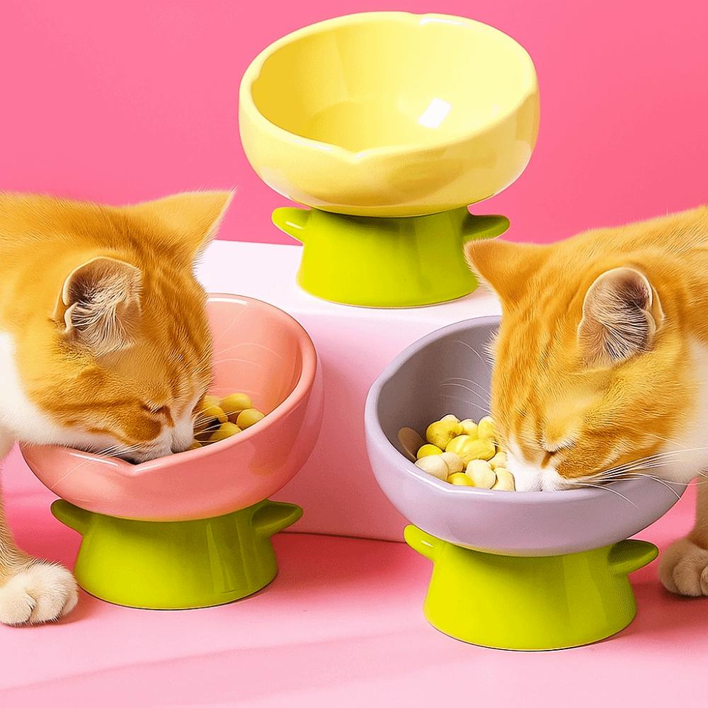 Non-slip Ceramic Cat Bowl Flower Shaped High Foot Bowl Simple Dog Food Bowl Pet Drinking