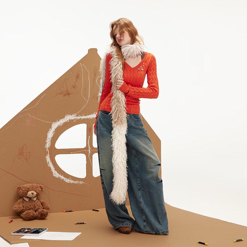 UNIFREE Vintage Cable Knit V-Neck Slim Fit Pullover Sweater for Women