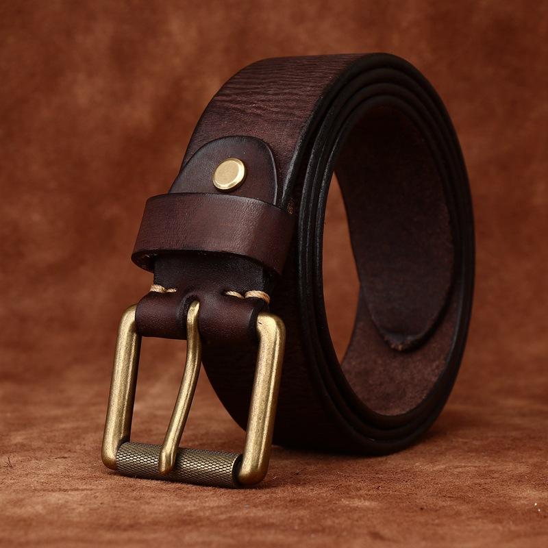 3.8Cm Wide Leather First Layer Cowhide Belt Men'S Washed Retro Matte Pin Buckle Jeans Copper Buckle Belt Men'S