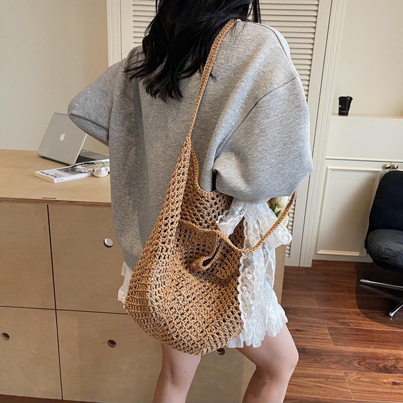 Yogodlns Women Crochet Tote Bag Fashion Knitted Large Capacity Woven Shoulder Bags Solid Color Simple Shopping Bag for Summer Beach