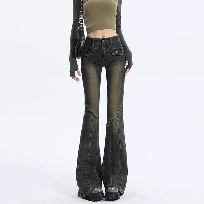 Jeans Évasés Taille Haute Lavage Vintage pour Femmes Sans Stretch Détail de Couture Pantalon Sirène Bootcut Y2K Hot Girl Décontracté Denim Automne Hiver