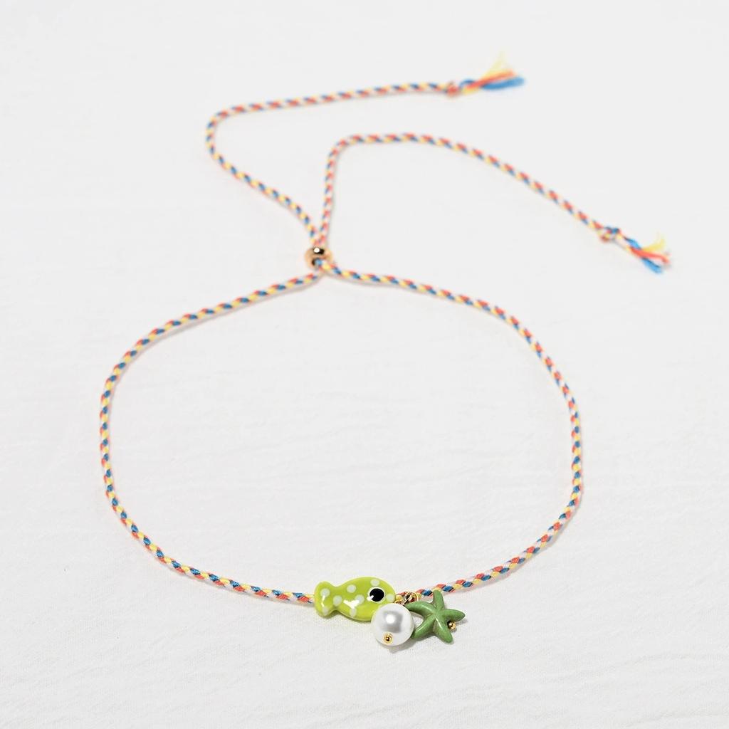 Colorful Bohemian Ceramic Fish Pendant Necklace for Women Adjustable Multicolored Rope Choker Jewelry for Summer Beach Vacation