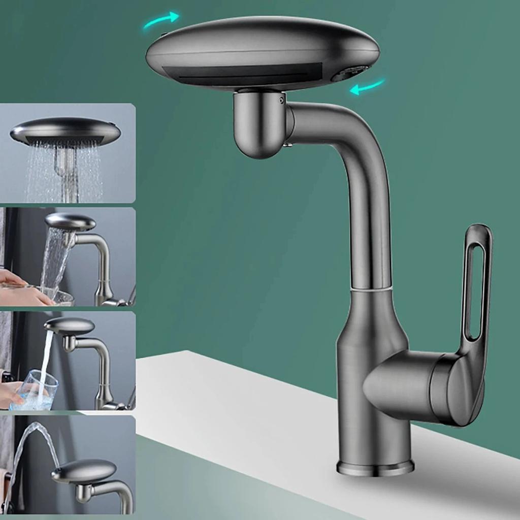 360° Rotatable Bathroom Faucet with 4 Modes | Swivel Spout Single Handle Basin Mixer Tap | Modern Chrome Vanity Sink Faucet for Washbasin
