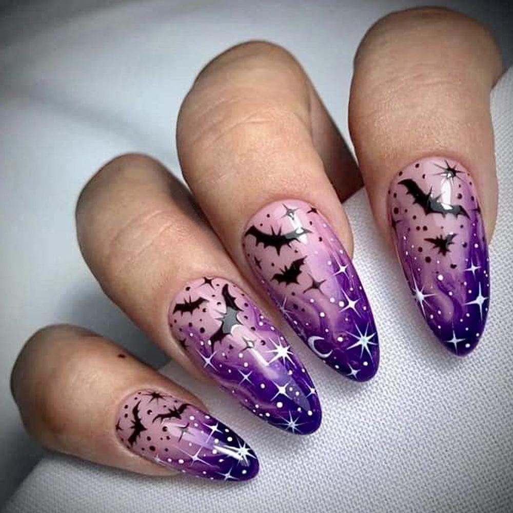 24Pcs Halloween Press On Nails Medium Almond Fake Nails Pumpkin Ghost Spider Web Design Full Cover False Nail Tips