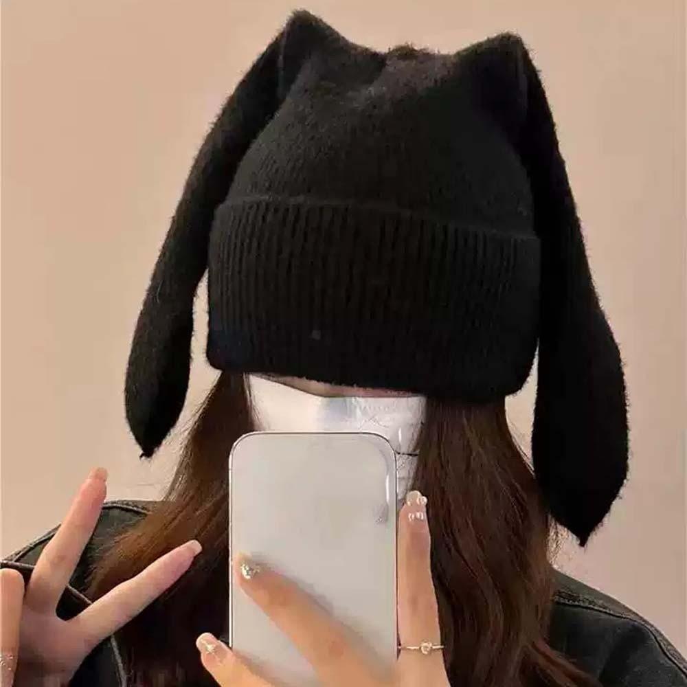Elastic Rabbit Ears Cap Trendy Solid Color Knitted Hat Versatile Brimless Beanie Hat Outdoor