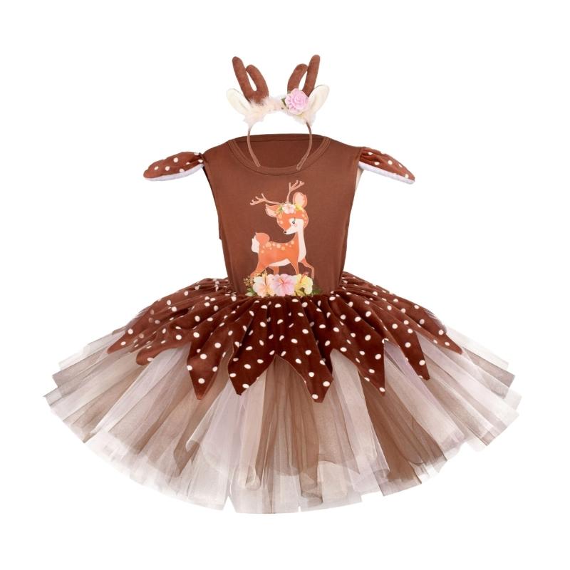 Accessori Costume da Cervo per Bambina con Vestito e Cerchietto Outfit da Renna di Natale per Bambino Halloween Natale Cosplay