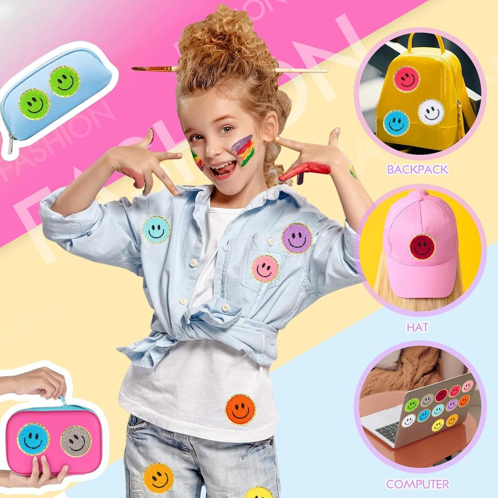72 Pcs Self Adhesive Smile Face Patch Chenille Patches Colorful Cute Happy Face Chenille Patch Applique for Clothing Fabric Jackets DIY Mobile Phone