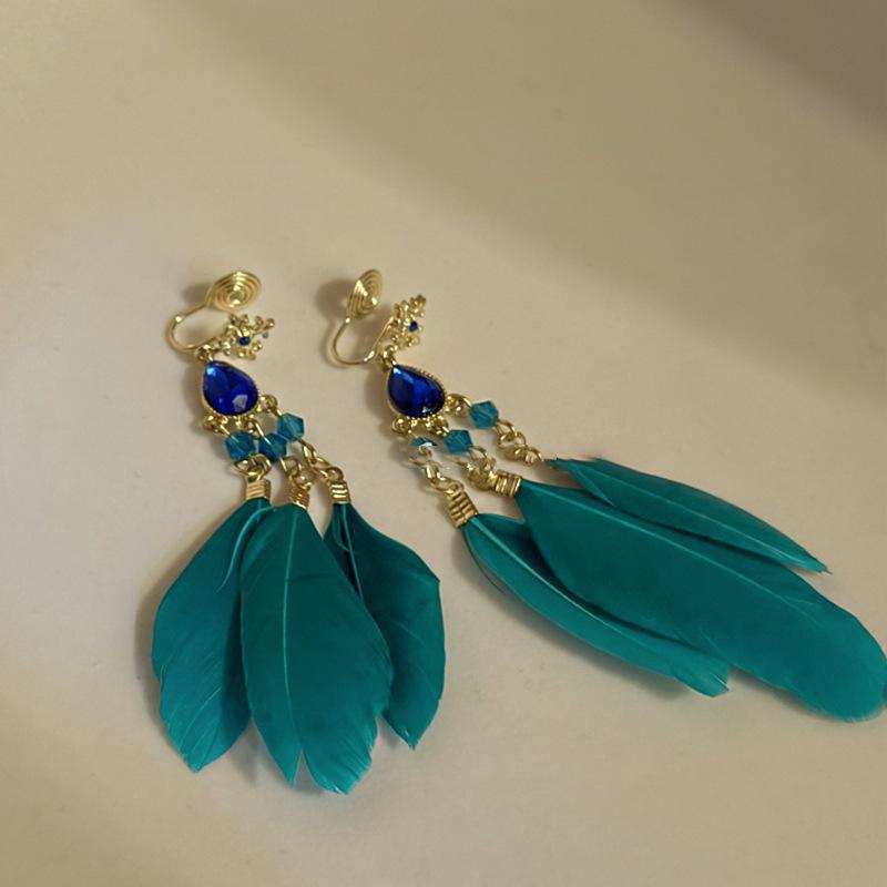 

Серьги-кисточки в виде перьев с бриллиантами в стиле бохо-серебряной иглы, ретро-дизайн в стиле павлиньего зеленого цвета, стиль Niche Ear clip зелёный