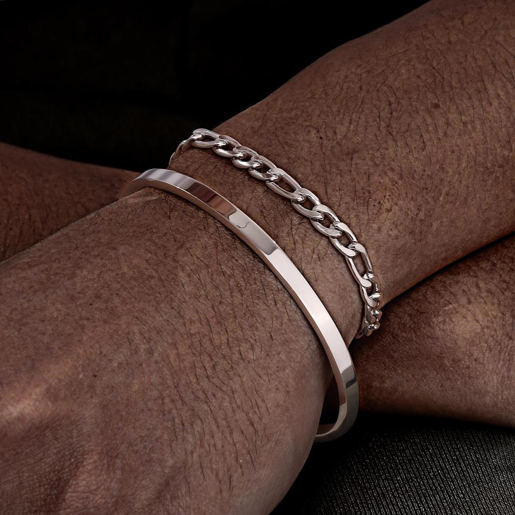 Men's 2pcs Set Simple Fashion Cuban Snake Link Chain Bracelet Stainless Steel Open Cuff Bangle Punk Hip Hop Jewelry Set Gifts