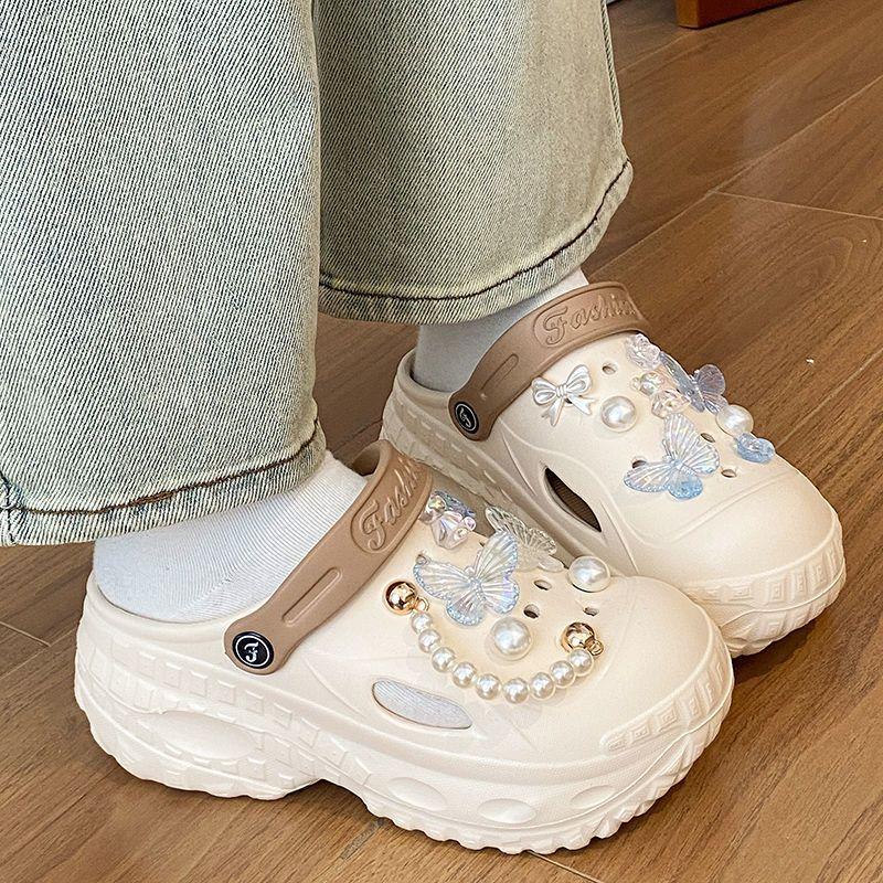 New Beach Removable Thick Bottom Hole Shoes Women's Non-slip Butterfly Outside Wear Heightening EVA Baotou Slippers