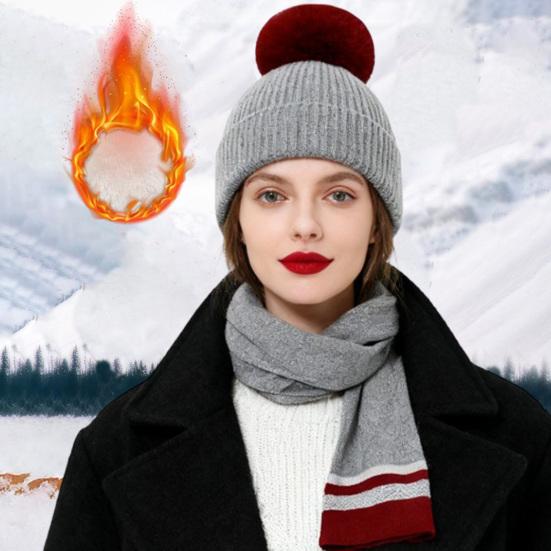 3Pcs/Set Women Winter Hat Scarf Gloves Set Plush Ball Decor Elastic Knitting Hat Long