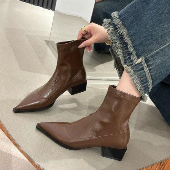 Short Boots for Women Thick Heeled Short Boot Retro Pointe Toe Ankle Boots for Women New Casual Leather Boot Botas Mujer