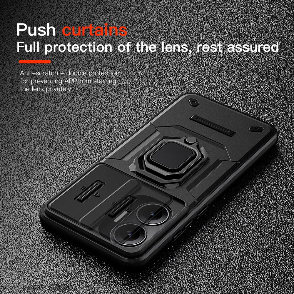 KEYSION Shockproof Armor Case for Xiaomi POCO F7 5G Slide Camera Lens Protection Ring Stand Phone Cover for Redmi Turbo 4 Pro