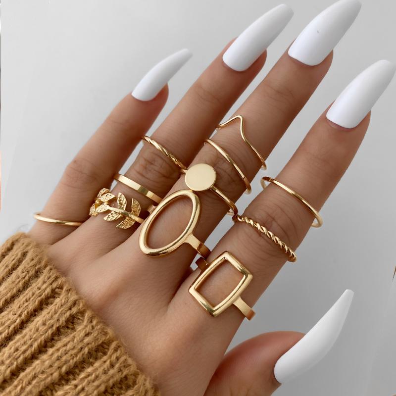 Vintage Gold Silver Color Geometric Rectangle Round Rings Set for Women Men Fashion Snake Sun Leaves Rings Jewelry Gift