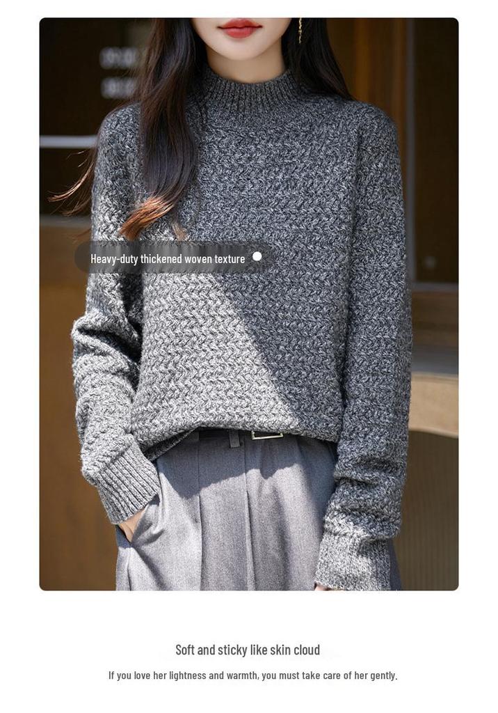 Women's Marled Wool Sweater - Thickened Half-High Neck, Basketweave Loose Pullover, Lazy Style Base Layer Top