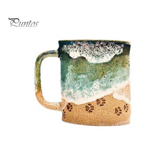Paw Print Ocean Shoreline Mug Ceramic Coffee Cup Handmade Waves Pattern Tea Mug 11oz/15oz Sea Foam Claw Drinking Mug Beach Souvenir Gift