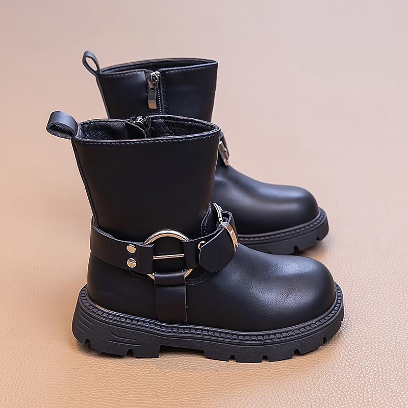 2025 Autumn/Winter Girls' Mid-Calf Leather Boots with Side Zipper and Velvet Lining
