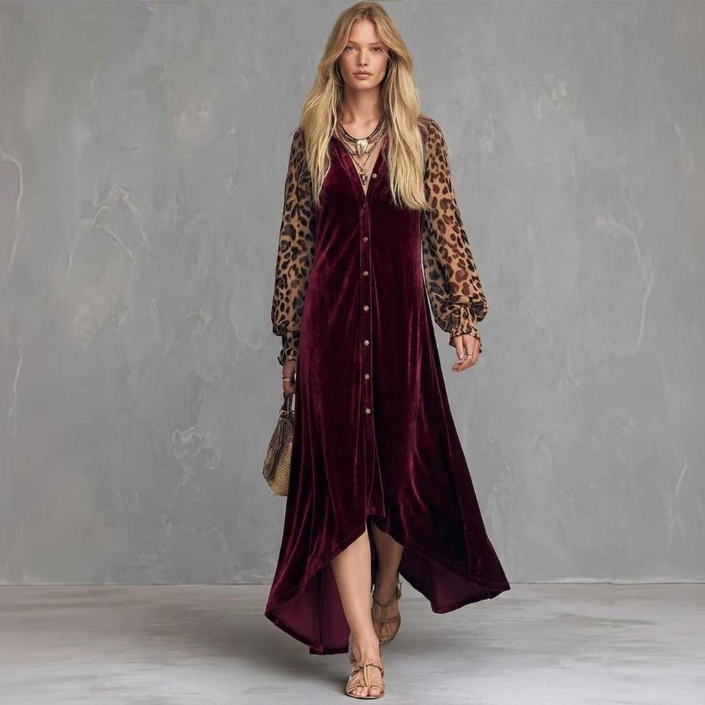 Women's Bohemian Velvet Leopard Print Patchwork Dress in Vintage for Fall and Winter