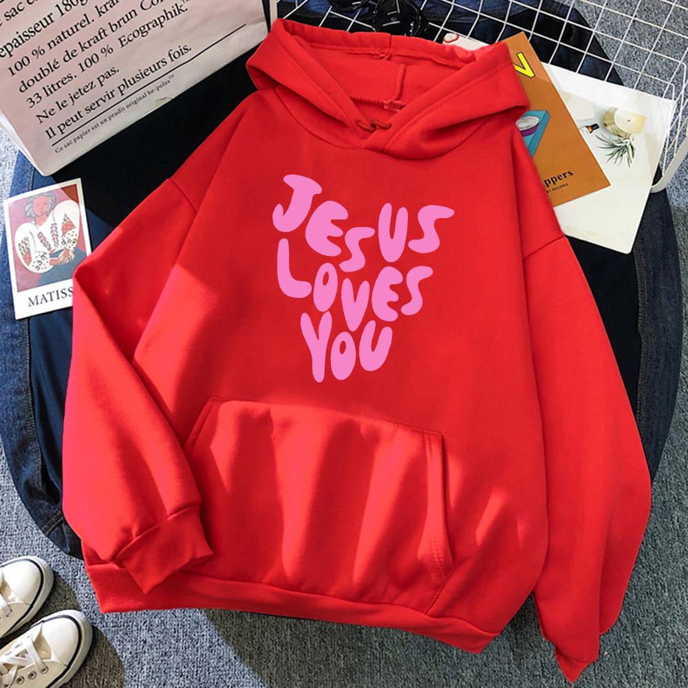 Jesus Loves Me Letter Funny Prints Hoodies Women Autumn Warm Sweatshirt Fleece All-Match Clothes Pocket Oversized Hoody