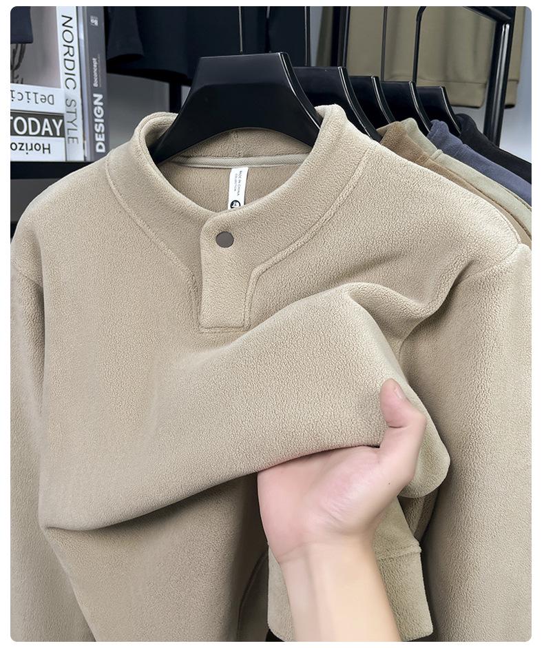 Men's Double-Sided Coral Fleece Hoodie with Henley Collar - Thickened Plus Velvet, Warm Autumn/Winter Casual Base Layer.