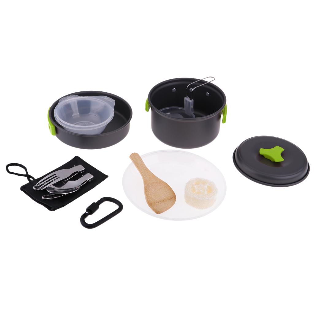 Foldable Camping Cookware Set Ultralight Aluminum Nonstick Pot Frying Pan Tableware Kit for Outdoor Picnic BBQ Hiking зелёный
