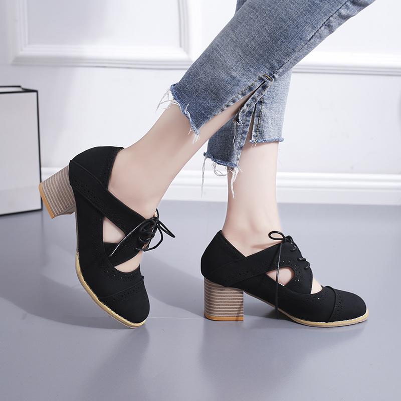 

Женские сандалии весна новые ПУ ретро полые толстый каблук крест шнуровка дышащие повседневные туфли 43 чёрный