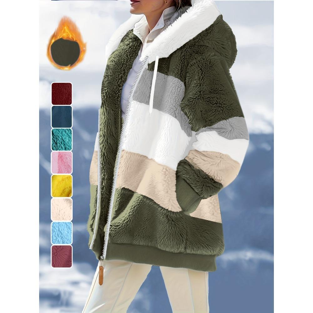 Damen Mehrfarbiger Flauschiger Kapuzenmantel, Lockere Warme Plüschjacke für Herbst Winter