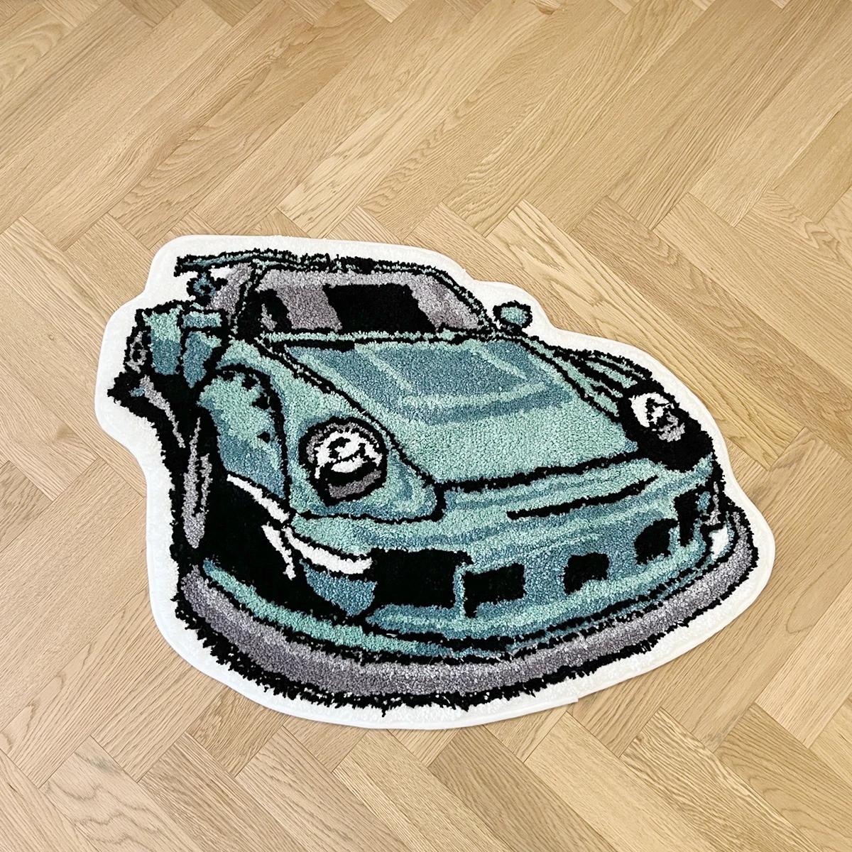 

Enthusiast Green Sports Car Shaped Flocking Rug Irregular Geometric Carpet Bed Side Anti Slip Floor Pad Doormat Aesthetic Home 80X60.8 CM