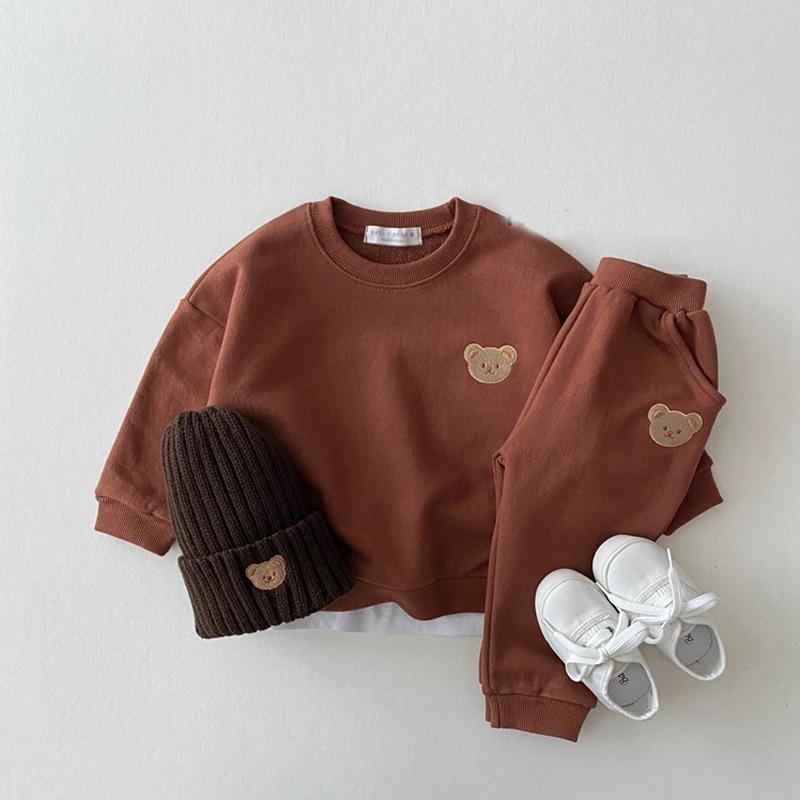 2PCS Children's Set Spring and Autumn Simple Little Bear Head Round Neck Long Sleeve Pants Top + Pant Two Piece Set