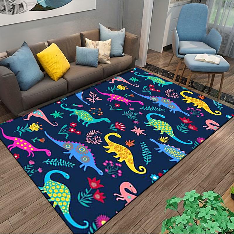 Colorful Dinosaur Pattern Carpet with Floral Design, Navy Blue Background Suitable for Use As an Anti-slip for Living Room Bedroom Sofas