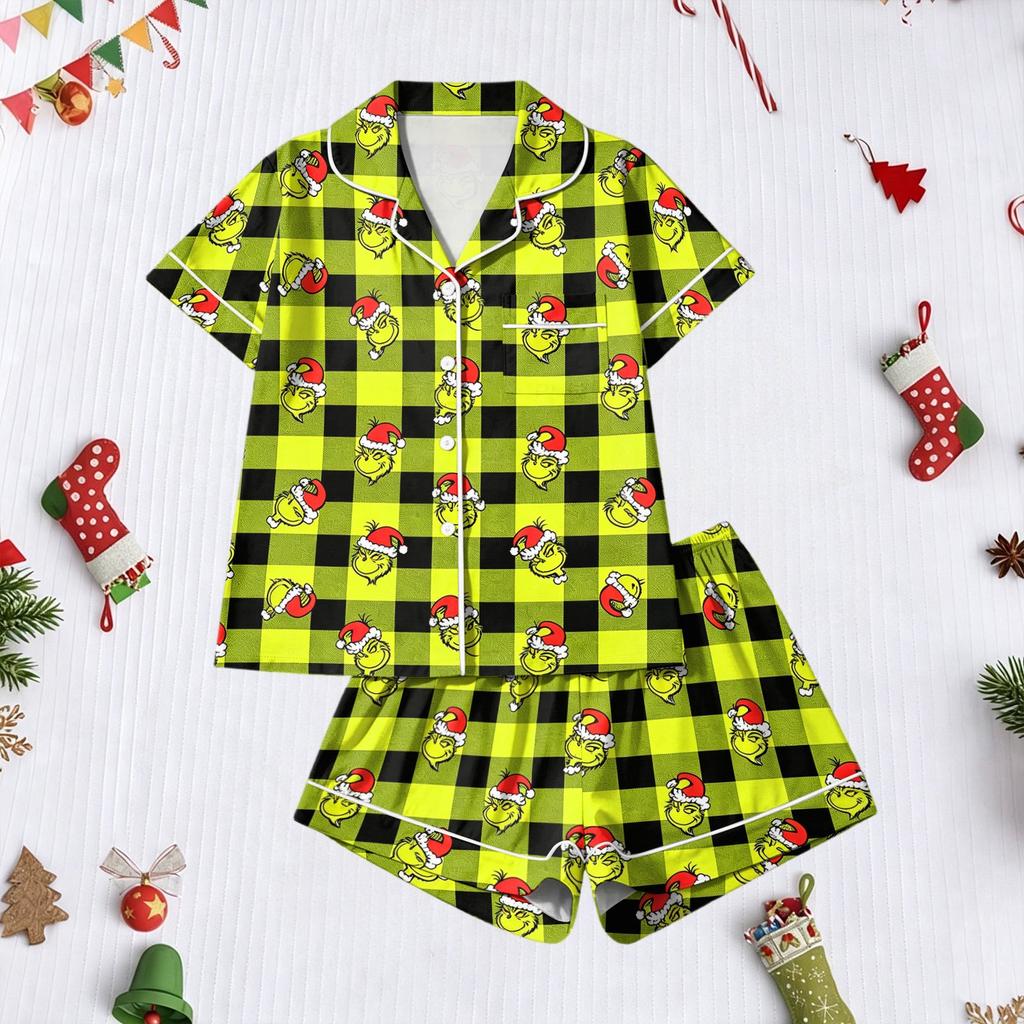 Women's Christmas Print Two Piece Outfit Short Sleeve Top and Casual Shorts Matching Set
