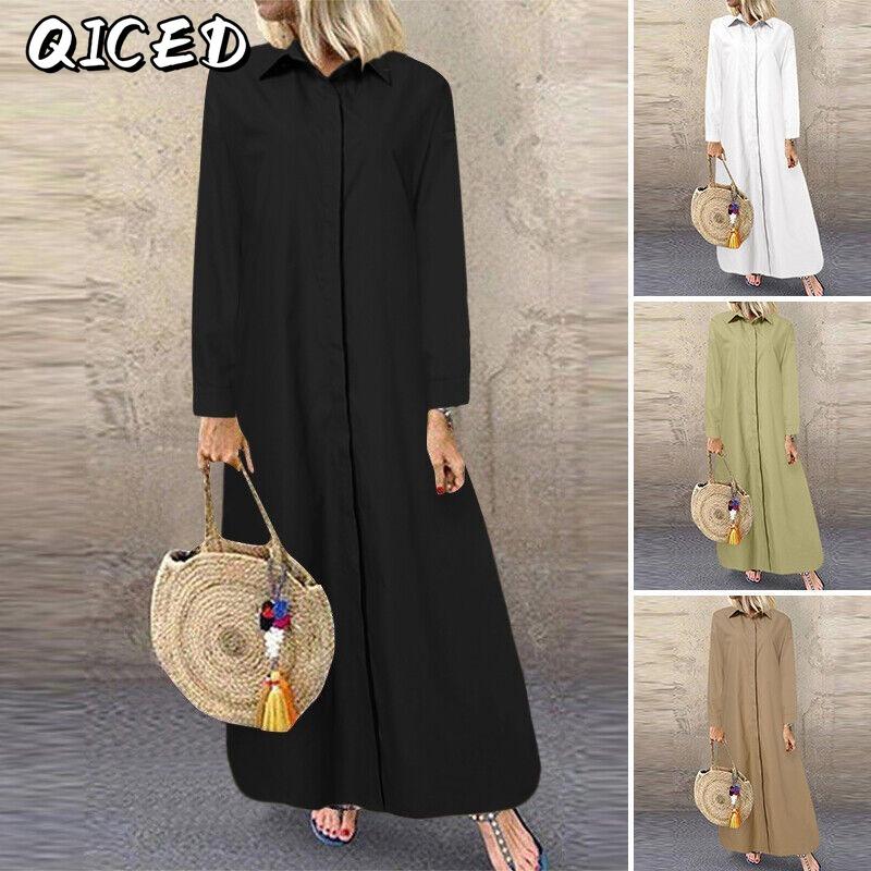 QICED Fashion Summer Spring Solid Color Print Long Sleeve Casual Dresses